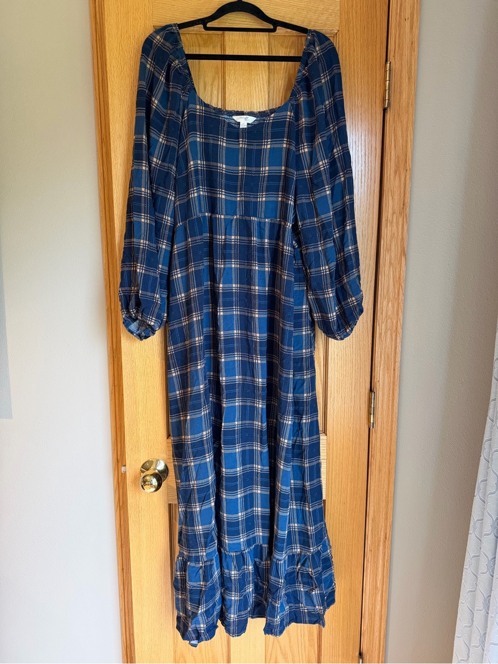 Blue Plaid Midi Peasant Dress Terra & Sky 2X 20W-22W Smocked Balloon Sleeve